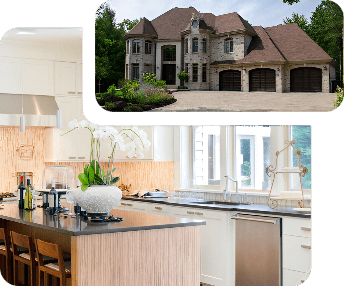 A kitchen and a house with a large window.